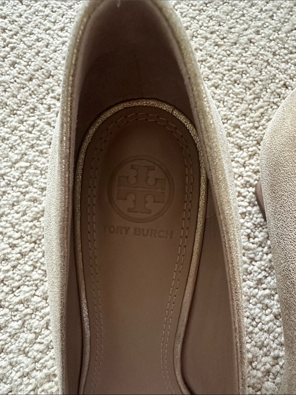 Tory Burch Leather Champagne Gold Metallic Wedge Heels with Tory Logo Size 8